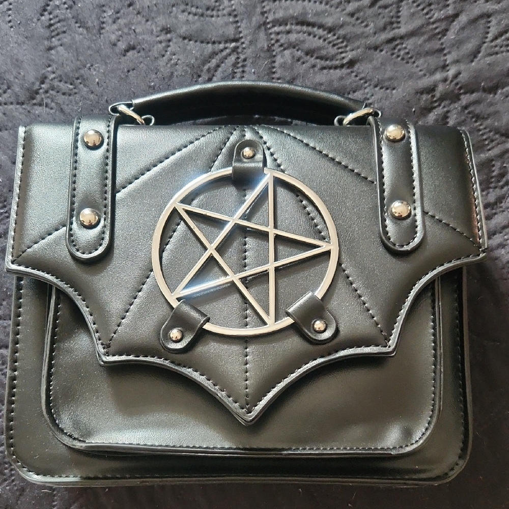 Banned Black Quilted Handbag with Silver Pentagram